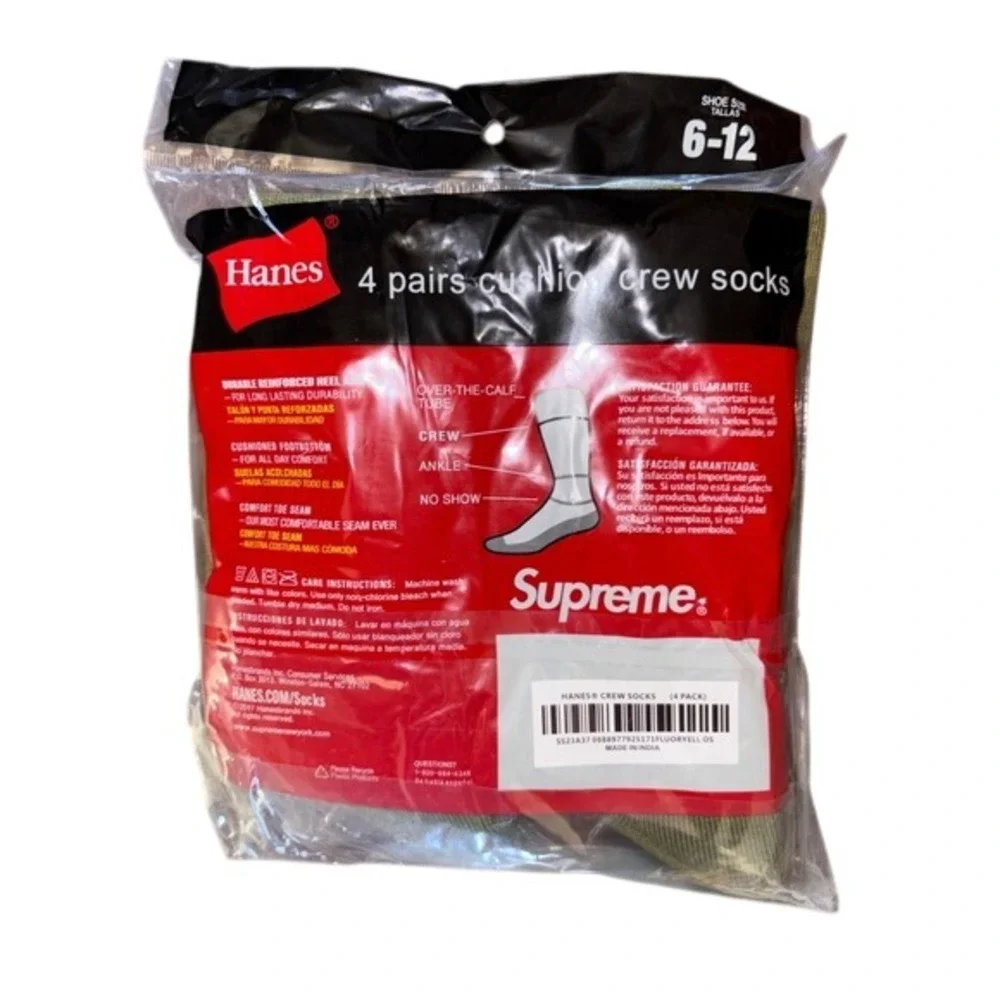 Supreme Hanes 4 Pair Cushion Crew Socks‎ Olive Green Size 6-12 Mens New S/S 2023 - Picture 4 of 4